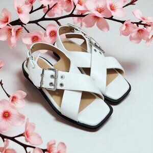 Ganni White Leather Criss Cross Sandals Square Toe Buckle Slingback Sz 40 / 10